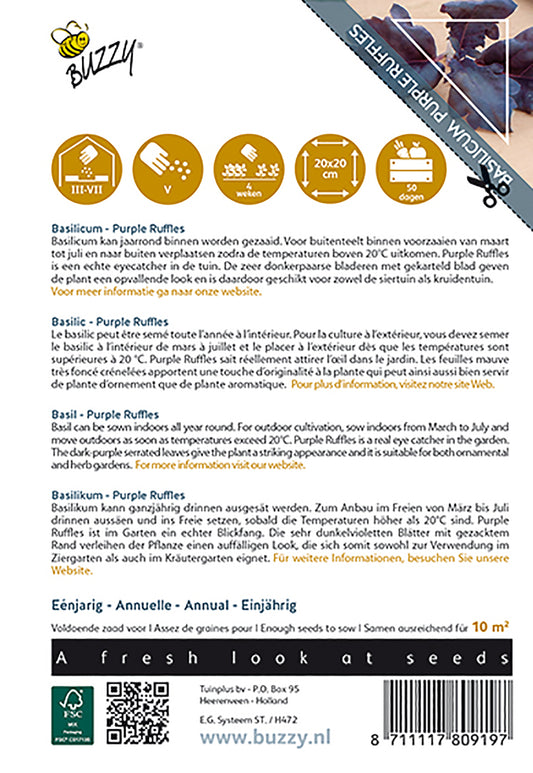 Basilika ‘Purple Ruffles’ – Buzzy Seeds -siemenpussin takapuoli ja kylvöohjeet