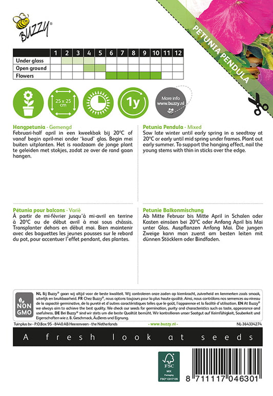 Amppelipetunia Pendula Mixed siemenpussi takaa kylvöohjeilla