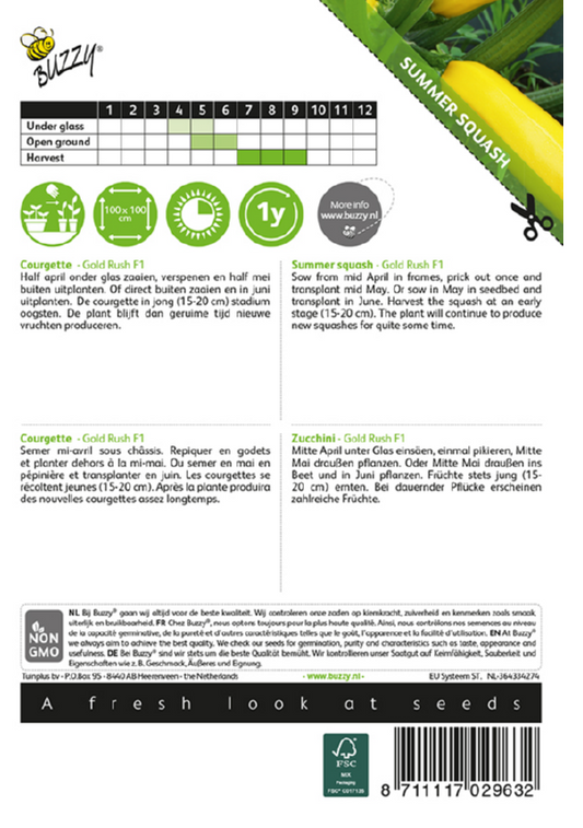 Gold Rush F1 kesäkurpitsa siemenpussi takaa kylvöohjeilla
