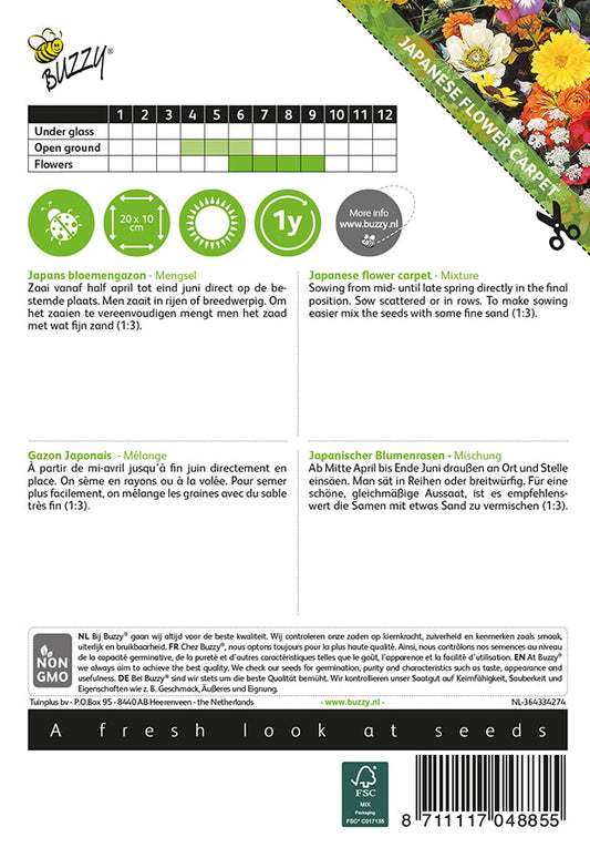 Japanilainen kukkamatto kukkaseos siemenpussi takaa kylvöohjeilla