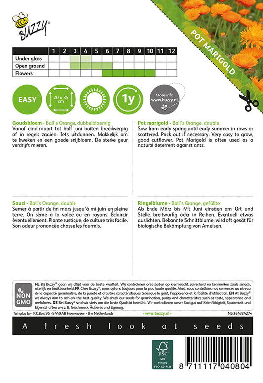 Kehäkukka Ball’s Orange siemenpussi takaa kylvöohjeilla