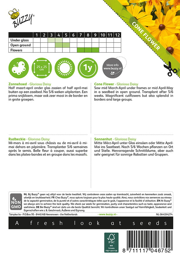 Kesäpäivänhattu Gloriosa Daisy siemenpussi takaa kylvöohjeilla