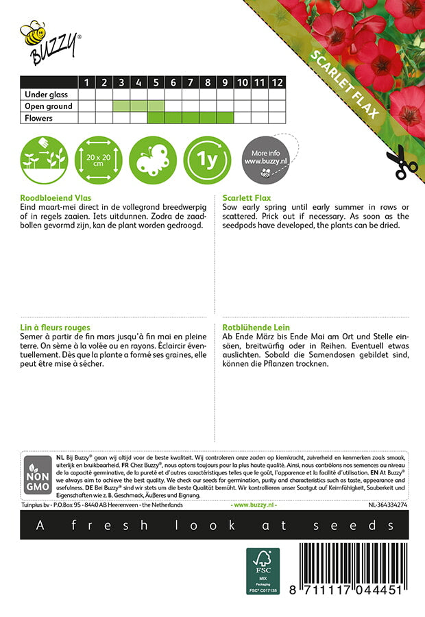 Kesäpellava Scarlett siemenpussi takaa kylvöohjeilla