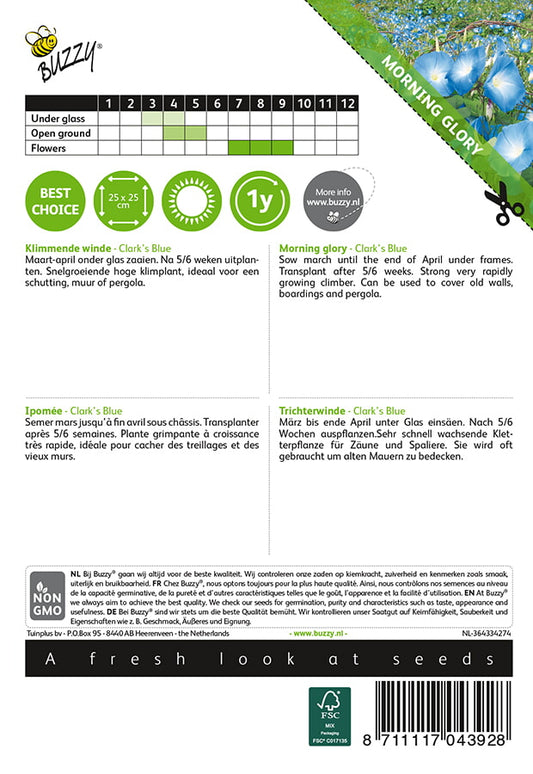 Kirjopäivänsini Clark’s Blue siemenpussi takaa kylvöohjeilla