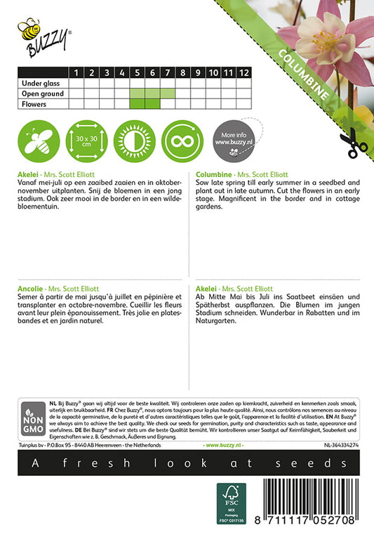 Lehtoakileija Mrs. Scott Elliott siemenpussi takaa kylvöohjeilla