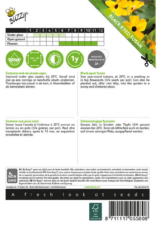 Mustasilmäsusanna siemenpussi takaa kylvöohjeilla