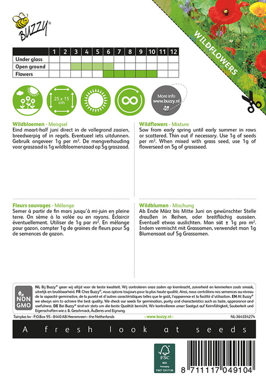 Niittykukkaseos siemenpussi takaa kylvöohjeilla