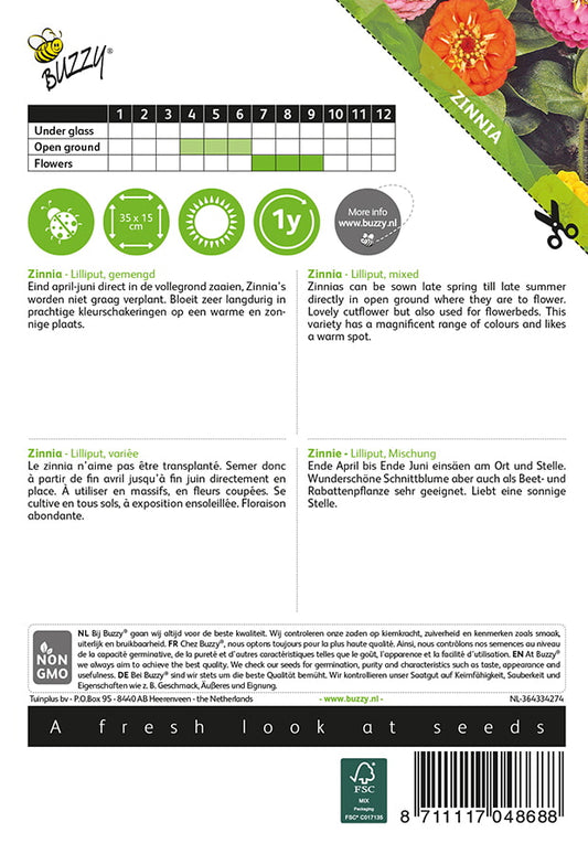 Tsinnia Lilliput siemenpussi takaa kylvöohjeilla