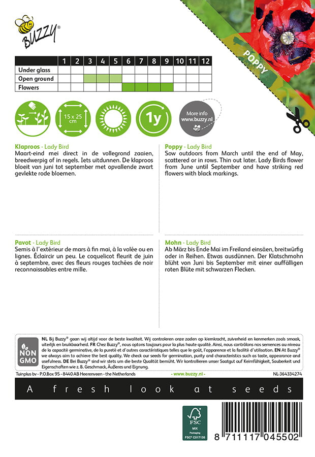 Unikko Lady Bird (turkinunikko) siemenpussi takaa kylvöohjeilla