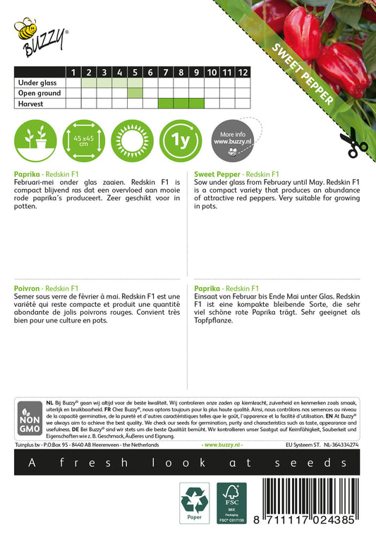 Makeapaprika ‘Redskin F1’ siemenpussin takapuoli, jossa näkyy kasvatus- ja kylvöohjeet.