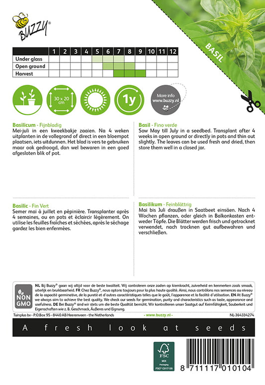 Pienilehtinen pensasbasilika – Buzzy Seeds -siemenpussin takapuoli ja kylvöohjeet