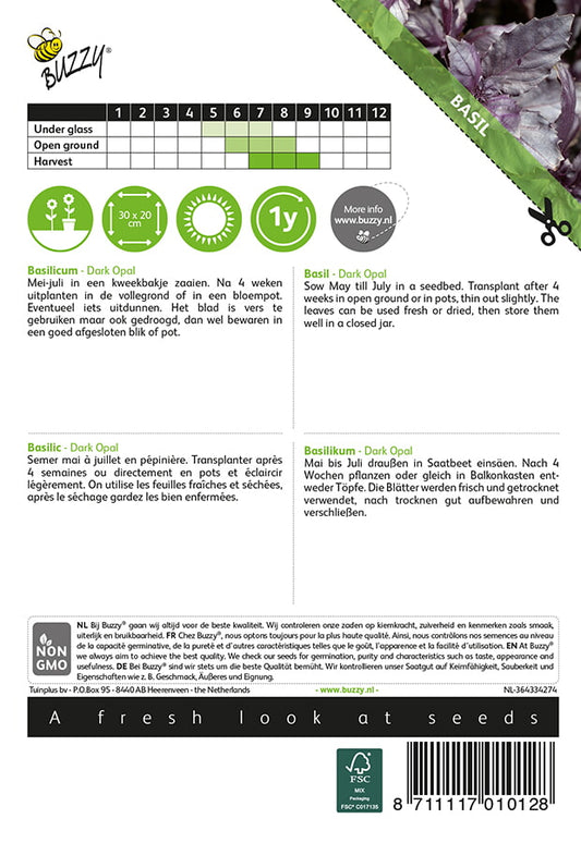 Purppurabasilika ‘Dark Opal’ – Buzzy Seeds -siemenpussin takapuoli ja kylvöohjeet