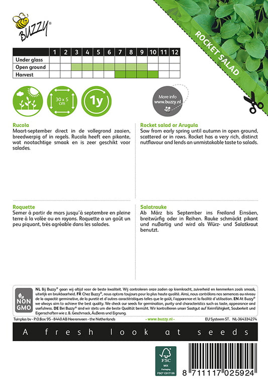 Rucola-siemenpussin takapuoli, jossa kylvö- ja hoito-ohjeet.