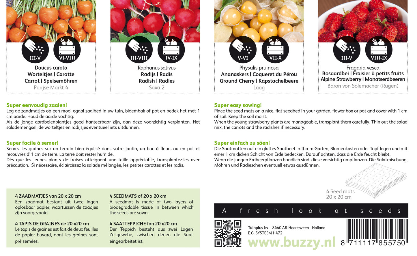 Siemenmaton takapuoli, jossa näkyvät käyttöohjeet ja mukana olevat kasvilajit.