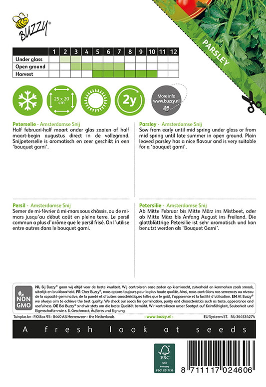 Silopersilja Amsterdamse Snij -siemenpussin takapuoli, jossa on kylvöohjeet ja tuotetiedot.