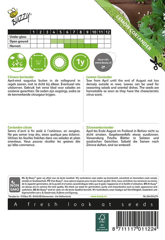 Sitruunakorianteri (Coriandrum sativum) -siemenpussin takapuoli, jossa kylvö- ja hoito-ohjeet