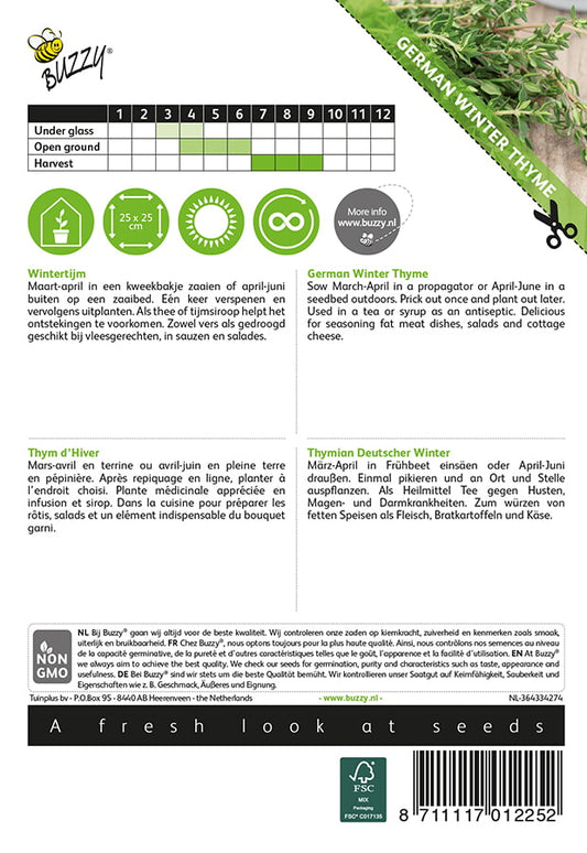 Timjamin (Thymus vulgaris) siemenpussin takapuoli, jossa kylvö- ja hoito-ohjeet.