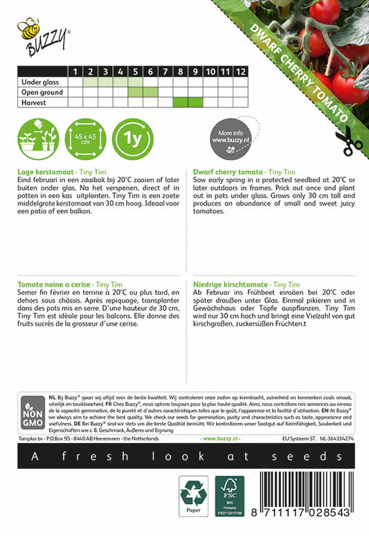 Tiny Tim -kirsikkatomaatin siemenpussin takapuoli, jossa on kylvö- ja kasvatusohjeet.