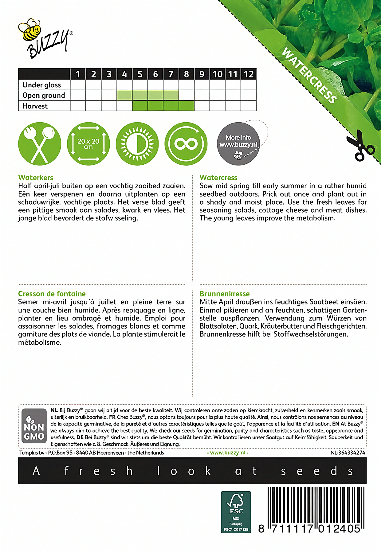 Back of the Buzzy® Watercress (Nasturtium officinale) seed packet with sowing and growing instructions.