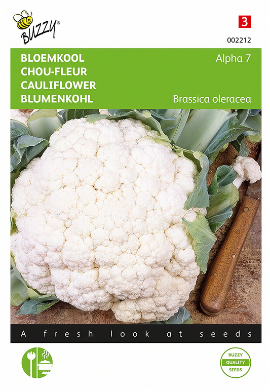 Front of the Buzzy® Alpha 7 Cauliflower (Brassica oleracea) seed packet.