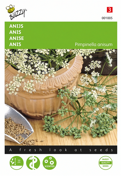 Anis (Pimpinella anisum) -siemenpussin etupuoli, jossa näkyvät pienet, pyöreät anis-siemenet.