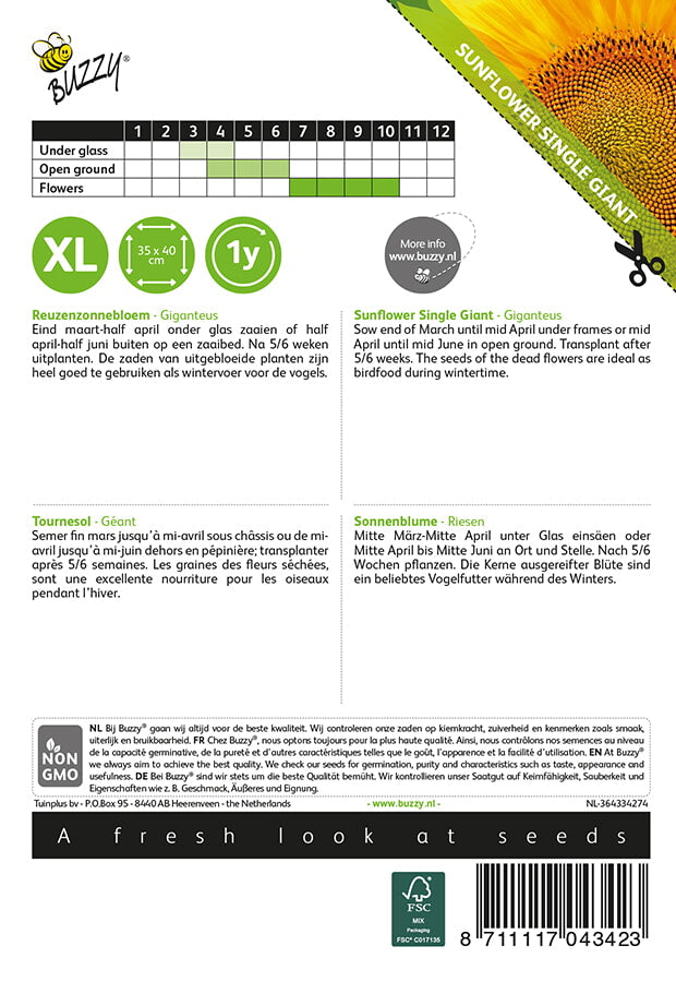 Auringonkukka ‘Giganteus’ -siemenpussin takapuoli. Sisältää kylvöohjeet, valmistajan tiedot ja viivakoodin.