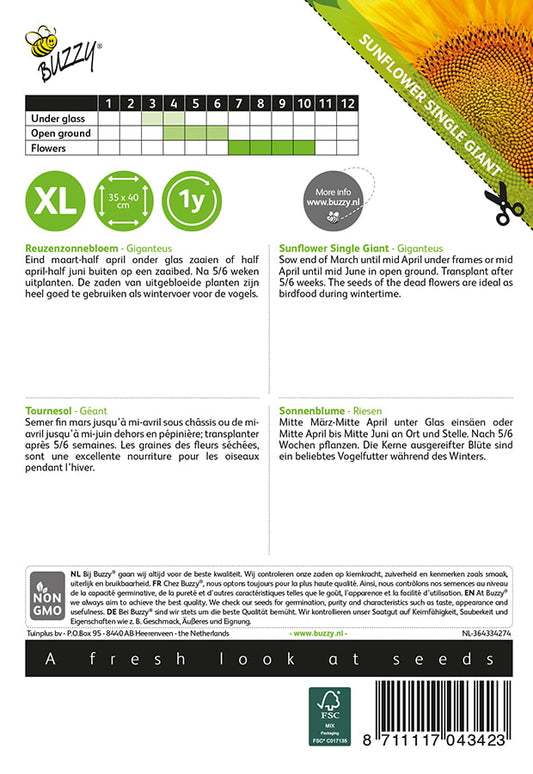 Auringonkukka ‘Giganteus’ -siemenpussin takapuoli. Sisältää kylvöohjeet, valmistajan tiedot ja viivakoodin.