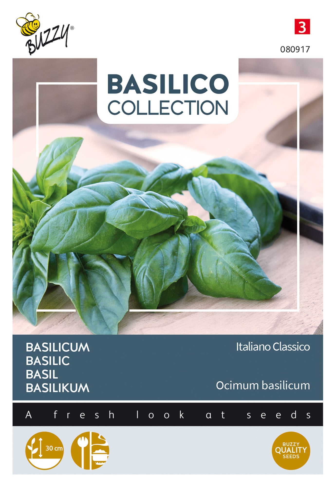 Basilika ‘Italiano Classico’ – Buzzy Seeds -siemenpussin etupuoli basilikan kuvalla