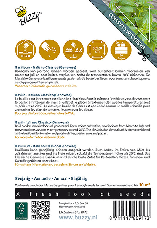 Basilika ‘Italiano Classico’ – Buzzy Seeds -siemenpussin takapuoli ja kylvöohjeet