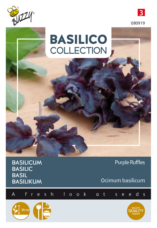 Basilika ‘Purple Ruffles’ – Buzzy Seeds -siemenpussin etupuoli tummanvioletin basilikan kuvalla