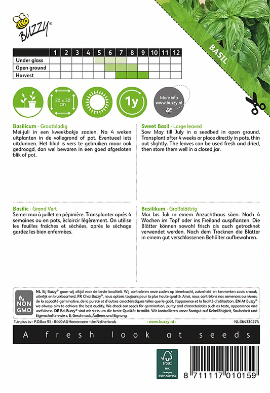 Basilika ‘Sweet Basil’ – Buzzy Seeds -siemenpussin takapuoli ja kylvöohjeet