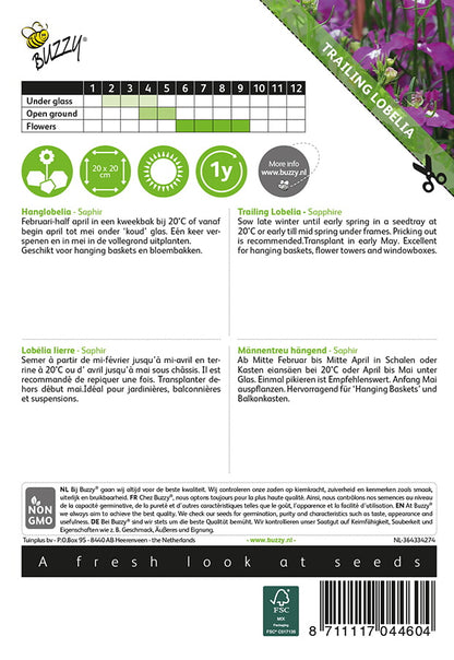 Amppelilobelia Sapphire siemenpussi takaa kylvöohjeilla
