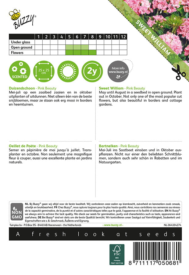 Harjaneilikka Pink Beauty siemenpussi takaa kylvöohjeilla