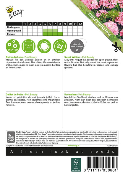 Harjaneilikka Pink Beauty siemenpussi takaa kylvöohjeilla