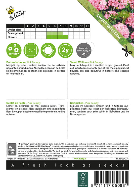 Harjaneilikka Pink Beauty siemenpussi takaa kylvöohjeilla