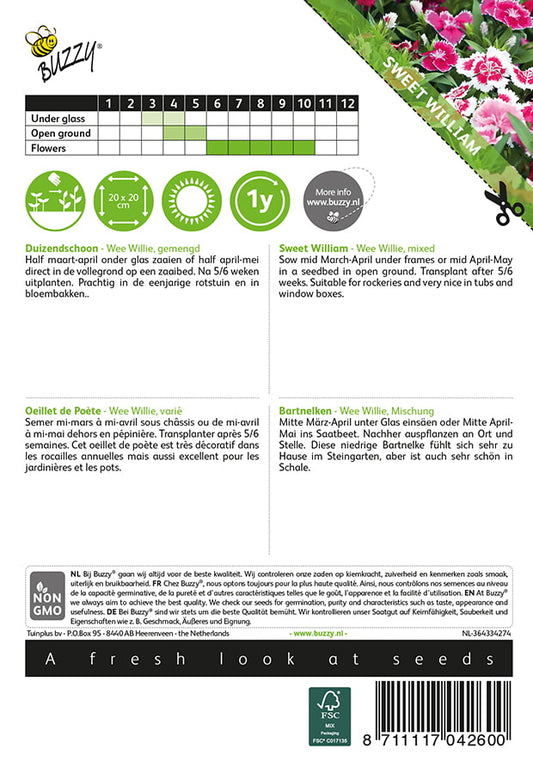 Harjaneilikka Wee Willie siemenpussi takaa kylvöohjeilla