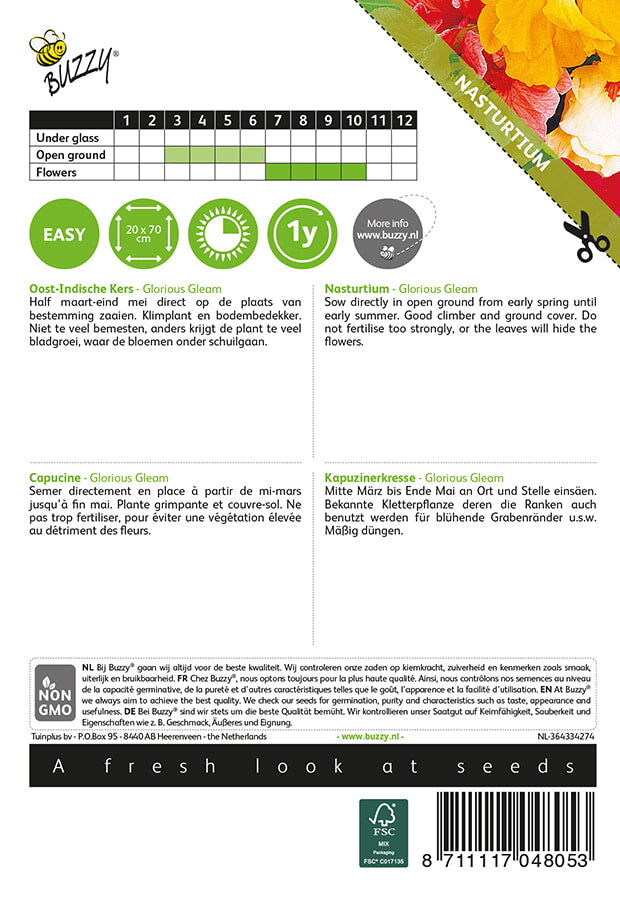 Isoköynnöskrassi Glorious Gleam siemenpussi takaa kylvöohjeilla