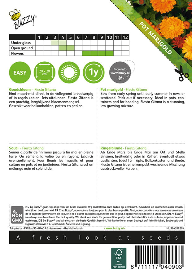 Kehäkukka Fiesta Gitana siemenpussi takaa kylvöohjeilla