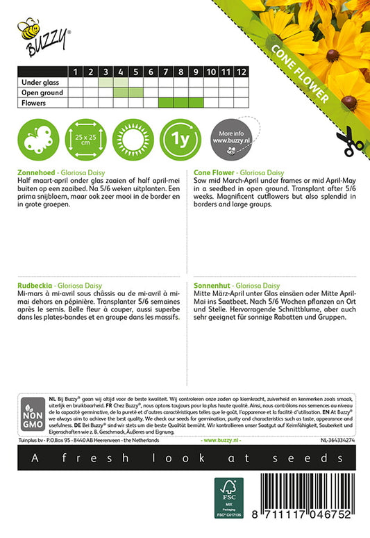 Kesäpäivänhattu Gloriosa Daisy siemenpussi takaa kylvöohjeilla