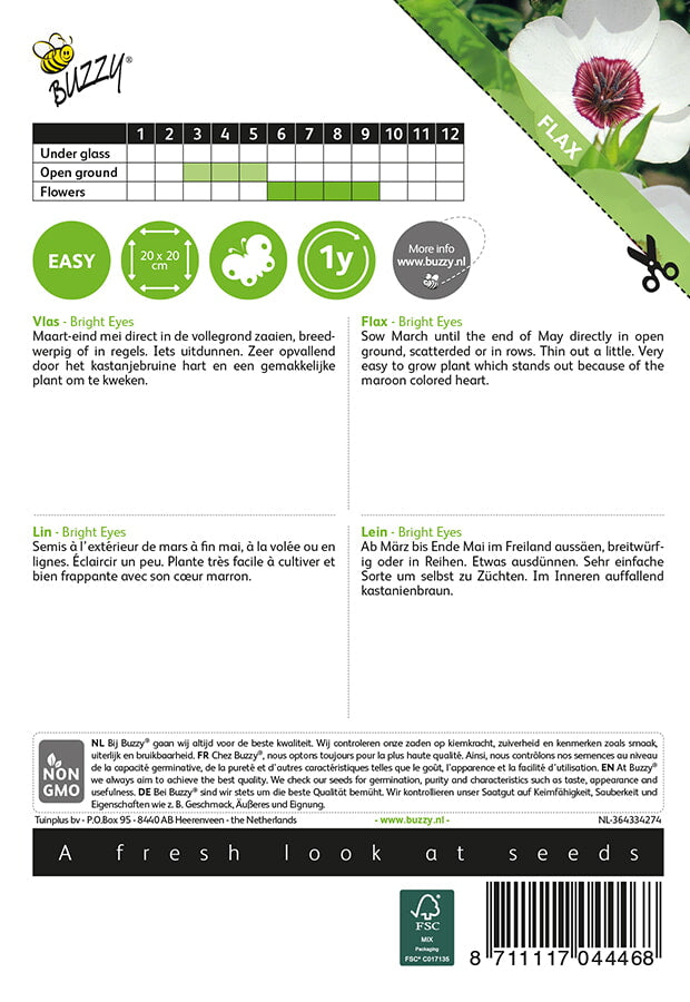 Kesäpellava Bright Eyes siemenpussi takaa kylvöohjeilla