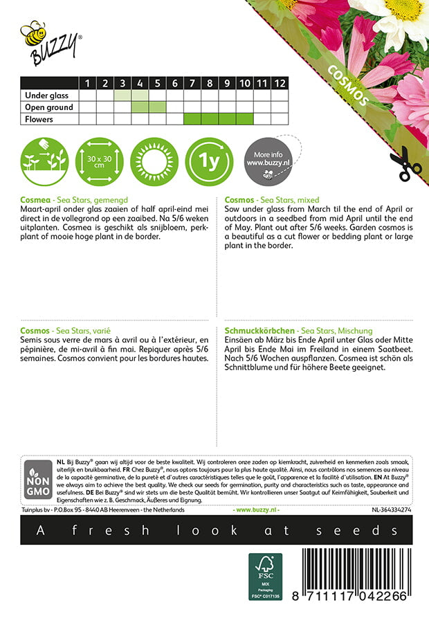 Kosmos Sea Stars siemenpussi takaa kylvöohjeilla