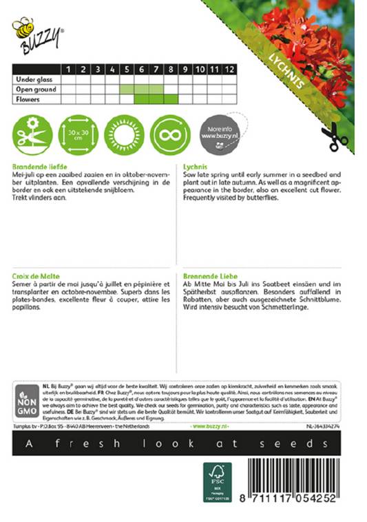 Lychnis Burning Love siemenpussi takaa kylvöohjeilla