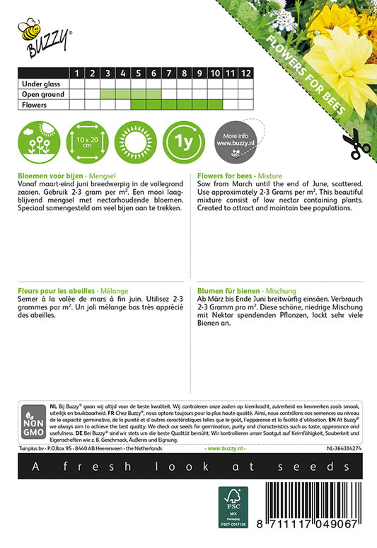 Mehiläiskukkaseos siemenpussi takaa kylvöohjeilla