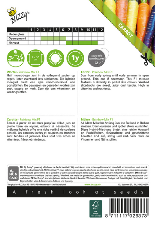 Rainbow F1 porkkana siemenpussi takaa kylvöohjeilla