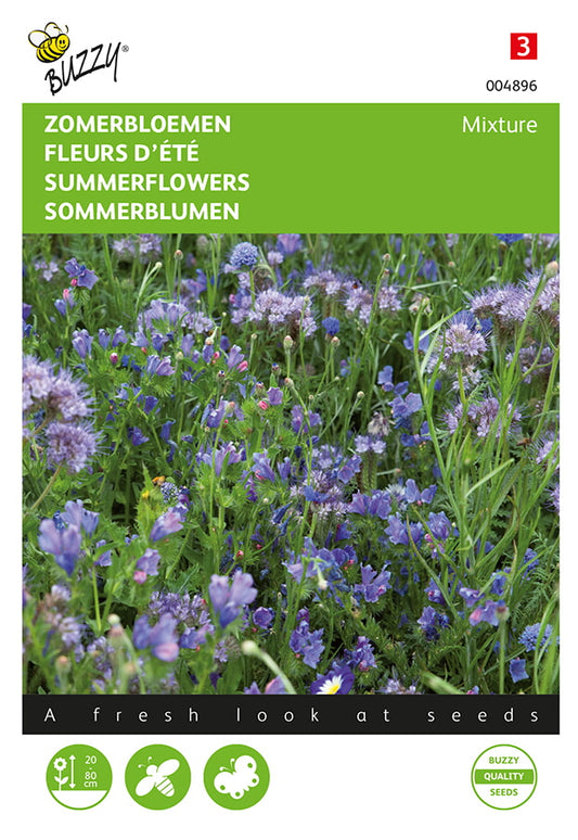 Sininen kesäkukkaseos siemenpussi edestä – Buzzy®