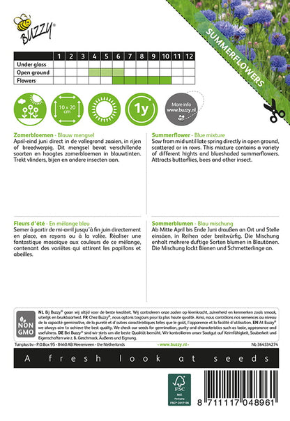 Sininen kesäkukkaseos siemenpussi takaa kylvöohjeilla
