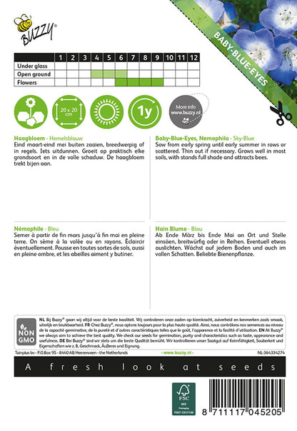 Sinisievikki Baby Blue Eyes siemenpussi takaa kylvöohjeilla