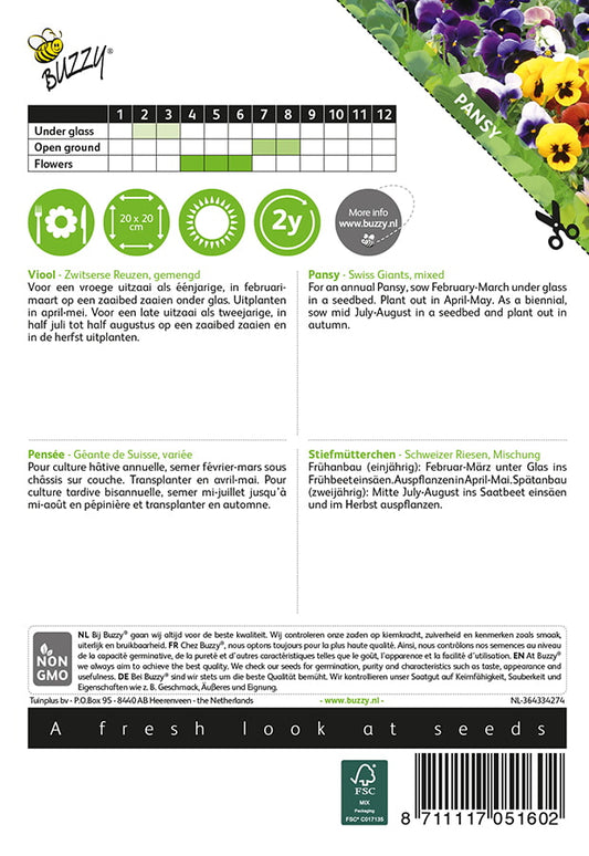 Tarhaorvokki Swiss Giants Mixed siemenpussi takaa kylvöohjeilla