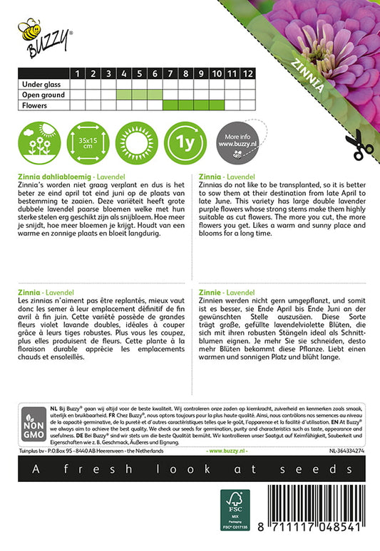 Tsinnia Lavender siemenpussi takaa kylvöohjeilla