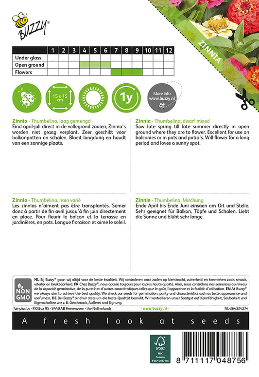 Tsinnia Thumbelina siemenpussi takaa kylvöohjeilla